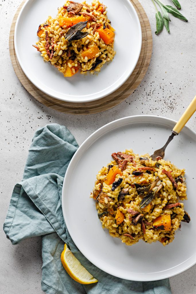 Vegan butternut squash, sage and bacon bit risotto