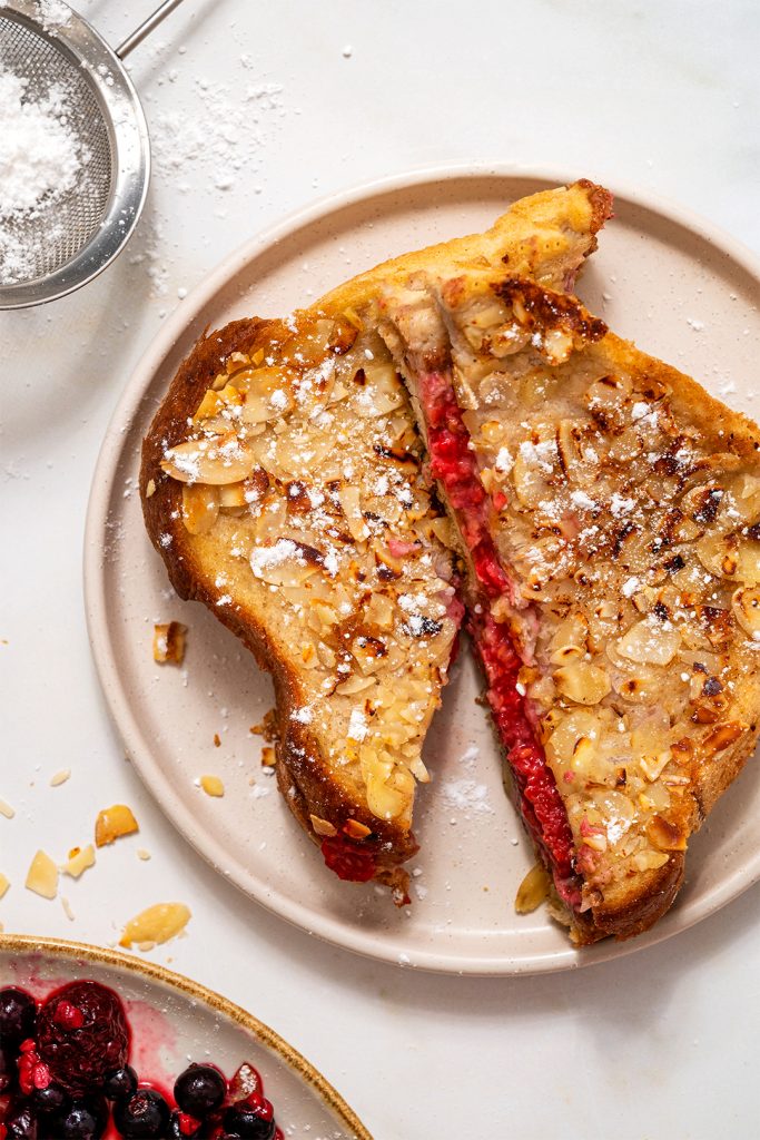 Vegan French Toast stuffed with raspberries and almond butter