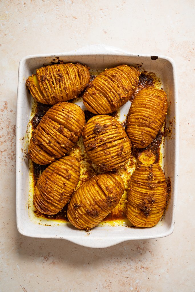 easy vegan Bombay Hasselback potatoes after baking