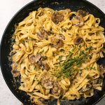 Creamy vegan mustard mushroom pasta dinner recipe