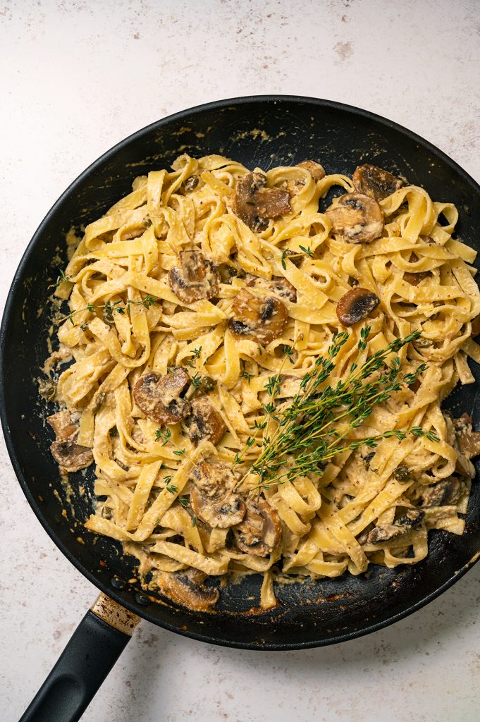 Creamy vegan mustard mushroom pasta dinner recipe