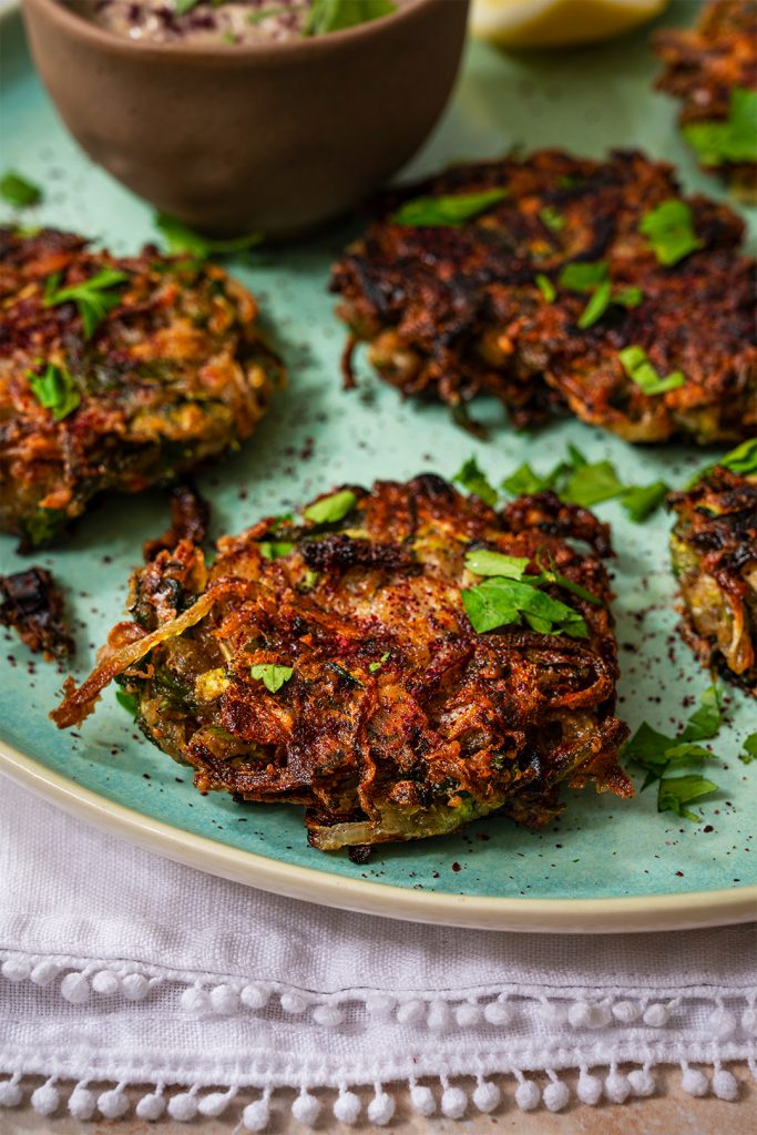Dukkah spiced courgette fritters with creamy tahini dip