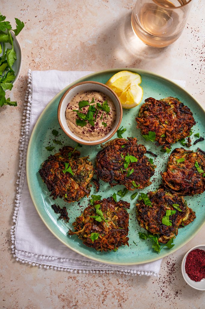 Dukkah spiced courgette fritters with creamy tahini dip