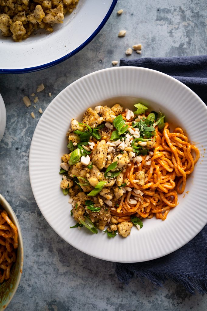 Noodle recipe - Sizzling spicy sesame oil noodles with crispy fried salt and pepper tofu